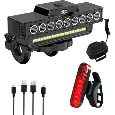 Phares de vélo rechargeables et étanches avec avertisseur sonore, 9 LED et 7 modes d'éclairage, étanchéité IPX5, longue autonomie et affichage numérique. (1/5)