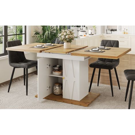 Ensemble salle à manger 5 pièces : table extensible 110(140)x70x76 cm + 4 chaises, assise coton-lin gris, design moderne (1/4)
