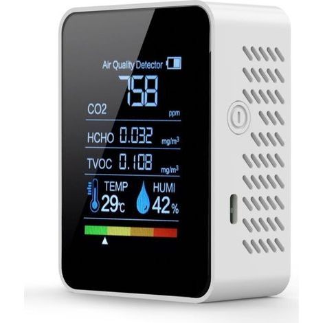 Moniteur de qualité de l'air intérieur 6 en 1 – Détecteur CO2, HCHO, COVT, température et humidité – Autonomie 20h – Pour espaces confinés (1/5)