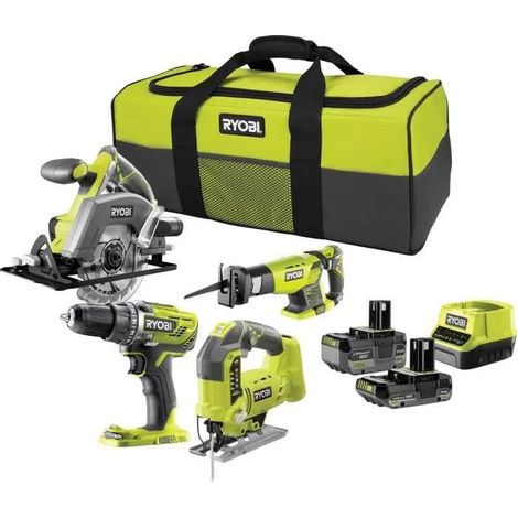Ryobi Set di attrezzi verdi trapano sega batteria litio