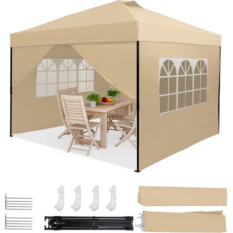 HOMEDEMO Tonnelle de Jardin Pop-Up 3x3m kaki avec 4 parois latérales amovibles, montage rapide par une seule personne, adaptée pour la plage et les festivals