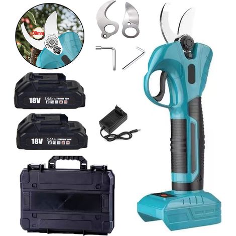 Ciseaux d'arbuste à batterie, ciseaux d'arbre à batterie avec deux têtes de coupe au total, 18V ciseaux de jardin électriques,avec 2x batterie 3.0A et chargeur, compatible avec batterie Makita (1/5)