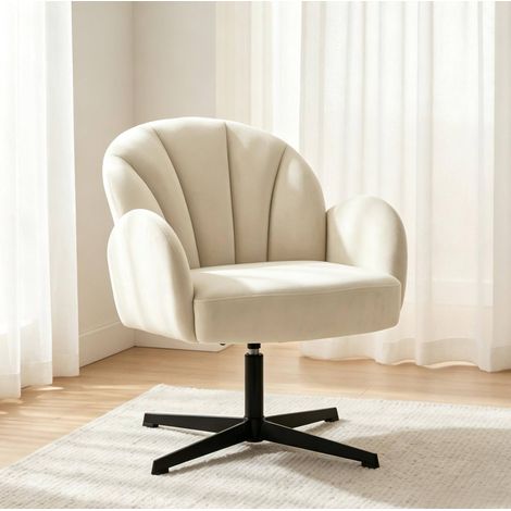 Fauteuil pivotant 64,5x68x80 cm en velours beige, design coquillage moderne, salon FLORAGRACE (1/5)