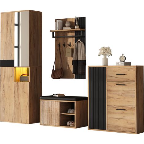 Vestiaire mural 4 pieces 215 x 36 x 190 cm noir et naturel (1/5)