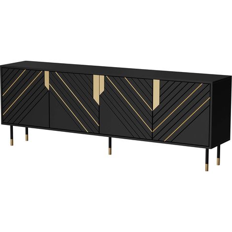 Credenza Landiona, Madia da salotto con quattro ante battenti e vani interni, Rialzata da terra, 204x40 h72 cm, Nero e Oro (1/4)