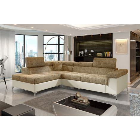 - Canapé d'angle convertible - ERMAN - en tissu et simili 5 places, marron et écru, angle gauche (vu de face) (1/5)