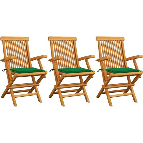 vidaXL Sillas plegables con cojines verdes, 3 unidades, madera maciza de teca. (1/4)