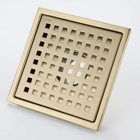 (ee) Bonde de douche carrée 15 x 15 cm en acier inoxydable doré avec couvercle, noyau désodorisant en laiton, finition or brossé (1/5)