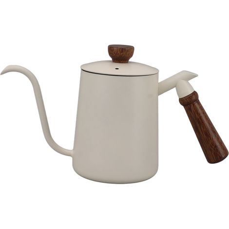 Bouilloire à col de cygne 600 ml en acier inoxydable 304, bec long, poignée en bois, blanche (1/5)