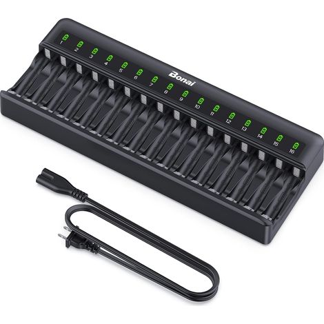 Chargeur Piles Rechargeable 16 Slots, pour AA/AAA Ni-MH, Contrôle Indépendant par Slot, LED Intelligente, Détection Automatique des Piles Non-Rechargeables, Détection de température Excessive (1/5)