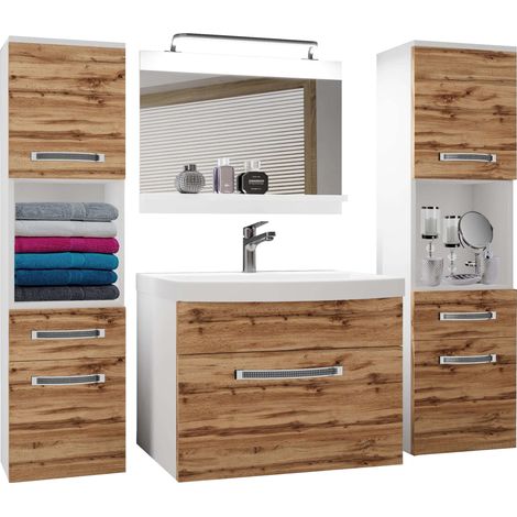 BELINI Meuble de Salle de Bain Lavabo Inclus, Meuble sous-Vasque, Miroir et 2X Cabinet Largeur: 140 cm Kit d'éclairage Inclus Couleur : chêne wotan (1/4)