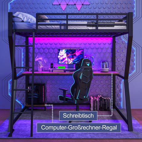 Lit surélevé 140x200 cm avec éclairage LED, console pour ordinateur, bureau, prise + USB, garde-corps, échelle, sans matelas, noir (1/5)