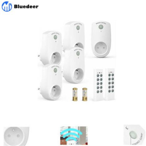 Conjunto de 5 enchufes programables, control remoto inalámbrico, con 2 mandos a distancia y 2 pilas incluidas, alcance externo de 30 m, función de encendido/apagado.