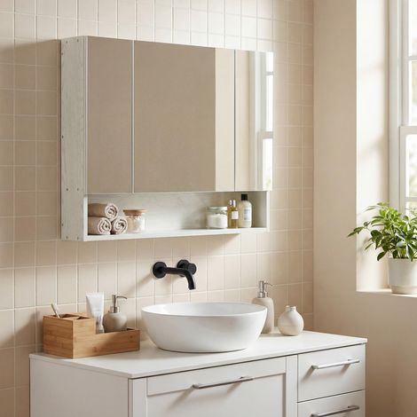 Armoire de salle de bain avec miroir, Meuble de Rangement Armoire Murale avec 3 portes, Etagère Réglable et Compartiment pour Salle de Bain, Suspendu pour Salon 90 x 15 x 75 cm Blanc (1/5)