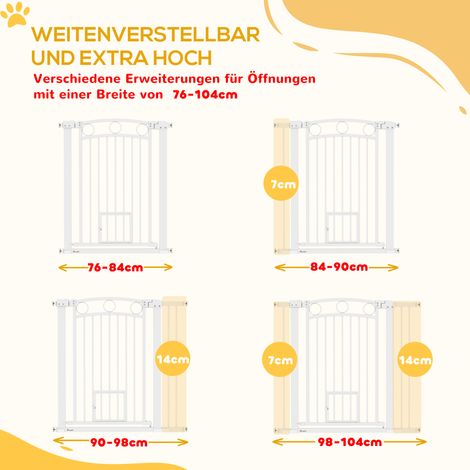 Barrière de sécurité pour animaux et bébés, 96 cm de hauteur, largeur extensible de 76 à 104 cm, avec passage pour chat, pour escaliers et portes, blanc