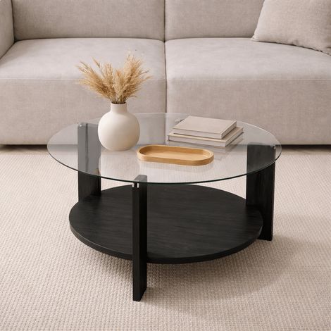 Runder Couchtisch aus schwarzem Melamin und transparentem Glas