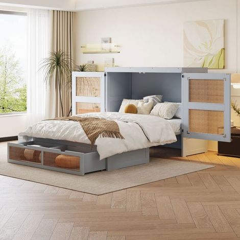 Lit Double Escamotable 140 x 200 cm Mural vertical Tiroirs de rangement Design rotin Gris Aspect bois (1/5)
