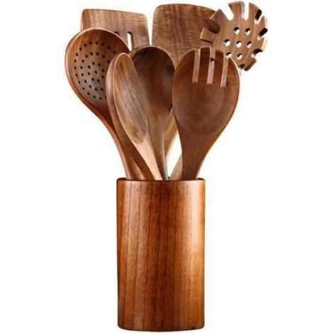 Ustensiles De Cuisine - Bois De Teck - Lot De 8 - Anti-adhésif - Pour Cuisson Et Mélange (1/4)