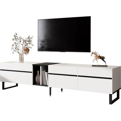 Meuble TV bas moderne blanc compartiment rabattable-étagères ouvertes-portes doubles-rangement maximal-180x38x45cm (1/5)