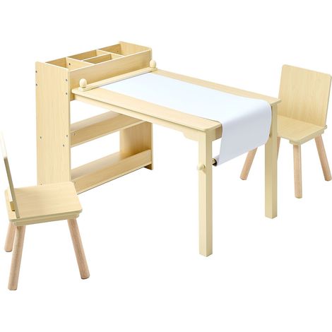 Table et chaises enfant en bois, bureau d'activités avec rangement 3 tiroirs, pour lecture, dessin, écriture, bois clair. (1/5)