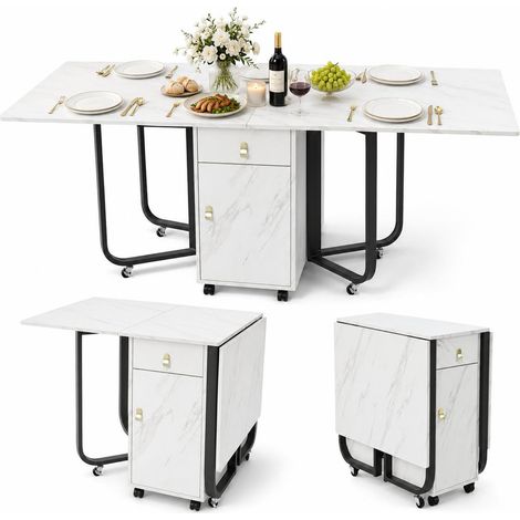 FurnitureR White and Black Folding Dining Table with Cupboard 2 Drawers (1/5)