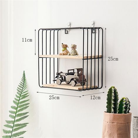 Étagère murale en fer noir design nordique, panier suspendu mural carré double couche pour salon, cuisine, salle de bain, rangement mural. (1/2)