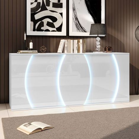 Vitrine salle à manger 150 cm, rangement généreux buffet salon, portes LED, design haut brillant blanc (1/5)
