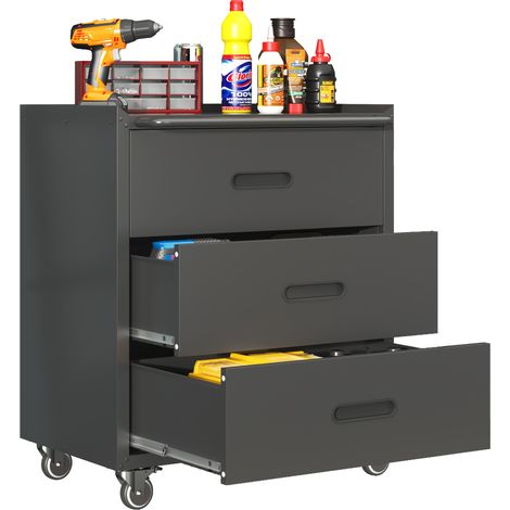 Garage, bureau ou atelier : meuble de rangement métal à roulettes, 3 grands tiroirs, finition noir/gris (1/5)