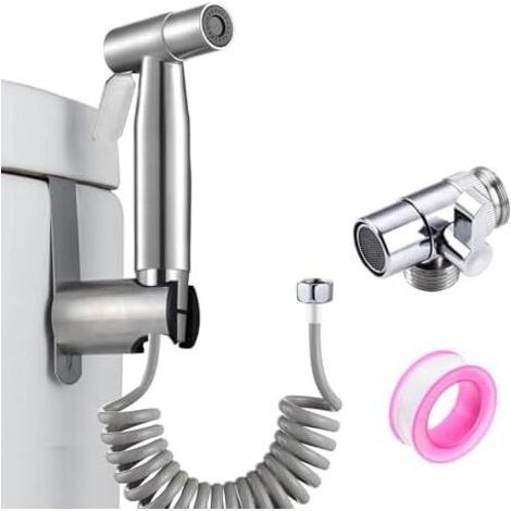 Douchette de salle bain, bidet, en acier inoxydable, avec double mode (jet/stream) crochet à ressort, adaptateur WC (G1/2" et G3/8"), pour l'hygiène quotidienne du corps le nettoyage la - (1/5)