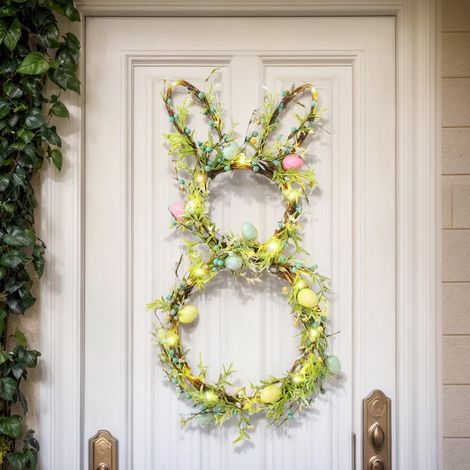 Rabbit-shaped Easter wreath, illuminated wreath with warm white LED lights, foldable rabbit wreath, Easter egg wreath, perfect for decorating porches, exterior walls and windows - A (1/5)