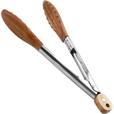 Stainless Steel Kitchen Tongs, Wooden Toaster Tongs, 30 cm, Durable, Heat Resistant, Antibacterial, Ideal for Cooking, Grilling and Serving, Practical Kitchen Utensils (1/5)