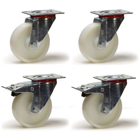 Lot de 4 roulettes pivotantes et pivotantes à frein polyamide blanc 100 mm - 600 Kg (1/3)