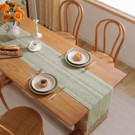 Chemin de table - - Vert sauge - 32x228 cm - Intérieur et extérieur - Glands 10 cm - Résistant aux taches (1/4)