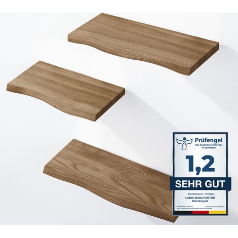 LAMO Manufaktur 3 Stück Wandregal aus Holz 42/36/30cm SET 1 Baumkante Farbe: Nussbaum