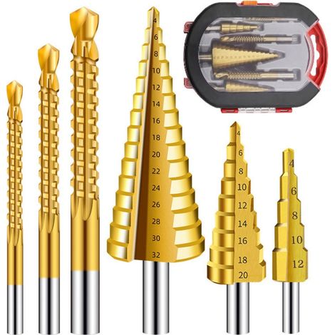 Este juego de brocas de 6 piezas con revestimiento de titanio incluye 3 tamaños de brocas escalonadas y 3 tamaños de brocas helicoidales, para perforación en metalurgia y carpintería. (1/5)