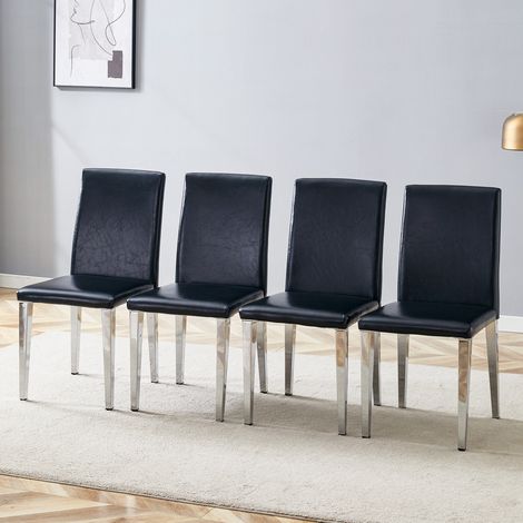 Lote de 4 sillas de comedor en polipiel y metal con respaldo, estilo moderno, negro y plateado (1/5)