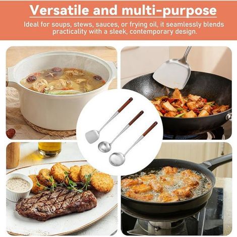 Spatule Wok - Écumoire - Louche - Acier Inoxydable - Manche Bois Résistant Chaleur - Pour Wok Poêle Campagne - Lot de 3 (1/5)