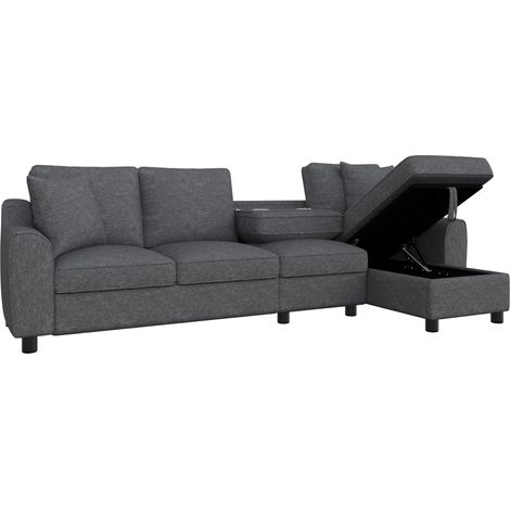 GagaCanapé d'angle en L en chenille avec méridienne et coffre de rangement, gris, 280×136×82 cm (1/5)