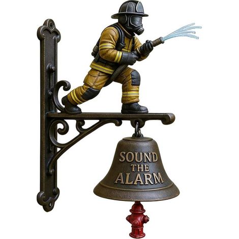Sonnette de porte de pompier Cloche murale commémorative avec alarme forte, carillon en résine moulée en métal, décoration d'hommage au feu montée durable pour terrasse, porche, maison, clôture (1/5)