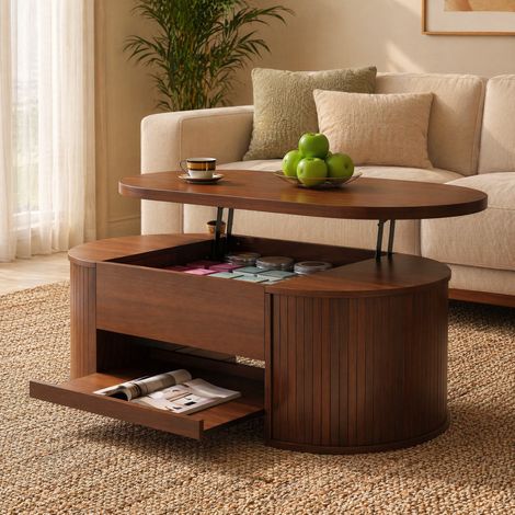 Table basse relevable 110 x 55,5 x 40 cm avec rangement, MDF, noyer HAVRYA
