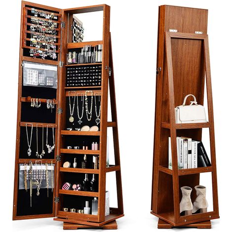 Goplus – Armoire à bijoux avec miroir plein longueur – Base pivotante 360° – 6 étagères pour 120 boucles d'oreilles – MDF et verre marron