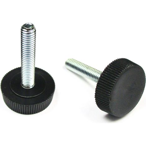 Ajile – Pied Réglable MOLETÉ – Base Plastique NOIR Diamètre 25 mm Épaisseur 7,8 mm, et Tige Filetée en Acier Zingué Diamètre 6 mm (M6) de Longueur 30 mm