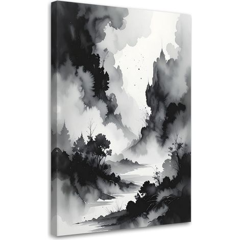 Cuadro en Lienzo, Montañas y bosque en la niebla Paisaje minimalista, 20x30 (1/5)