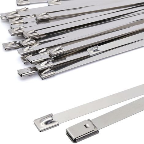 300 Stück 7,9 mm Metall-Kabelbinder, silberfarbene Edelstahl-Kabelbinder, Hochleistungs-Kabelbinder – Metall-Kabelbinder – Tragkraft 120 kg, 30er-Packung (1/5)