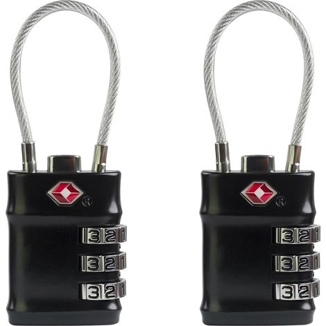 Serrure à bagages TSA, cadenas à combinaison à 3 chiffres, lot de 2 cadenas certifiés TSA, cadenas à câble avec Code de casier de gym, fermeture à glissière pour sac à dos (noir + noir)