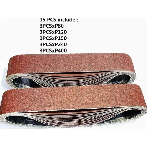 Bandes abrasives, 50 x 686 mm, bandes abrasives mixtes (3 grains : 80/120/150/240/400), adaptées aux ponceuses à bande (15 bandes) (1/2)