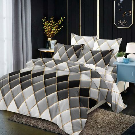 Duvet cover set with imperime geometric pillowcases, double face, 3 people, with zipper in soft microfiber, 3 pieces, 220 x 240 cm, color: Gray (1/5)