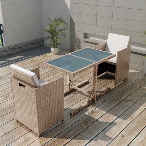 3-tlg. Bistro-Set mit Auflagen Poly Rattan Beige (1/5)