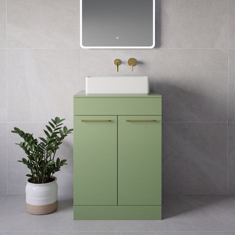 Napoli 460 Olive Green 600mm 2 Door Vanity Unit for Countertop Basins - 600mm - Brushed Brass 160mm Handle