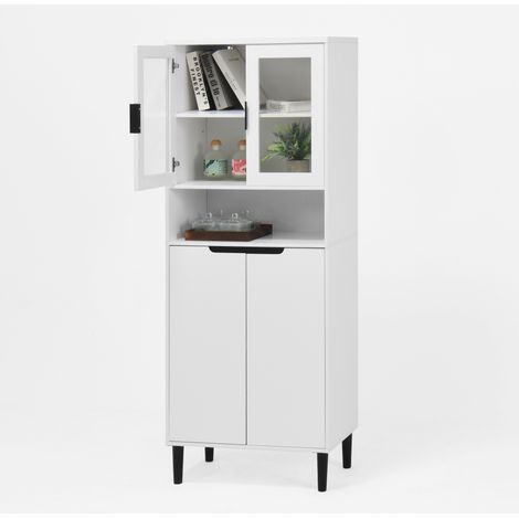 Bibliothèque haute vitrée avec 4 portes, étagère réglable et rangement fermé, meuble en MDF blanc avec verre trempé pour salon, bureau et chambre – CHICFURN (1/5)
